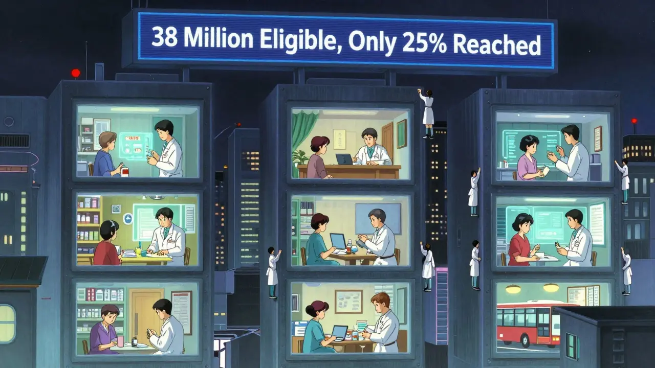 Futuristic city with glowing pharmacies offering virtual medication reviews at night