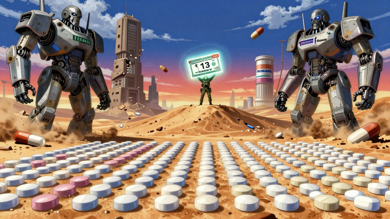 Generic pills marching like soldiers across a desert, defeating crumbling brand-name drug monoliths under a TRICARE-logoed sky.