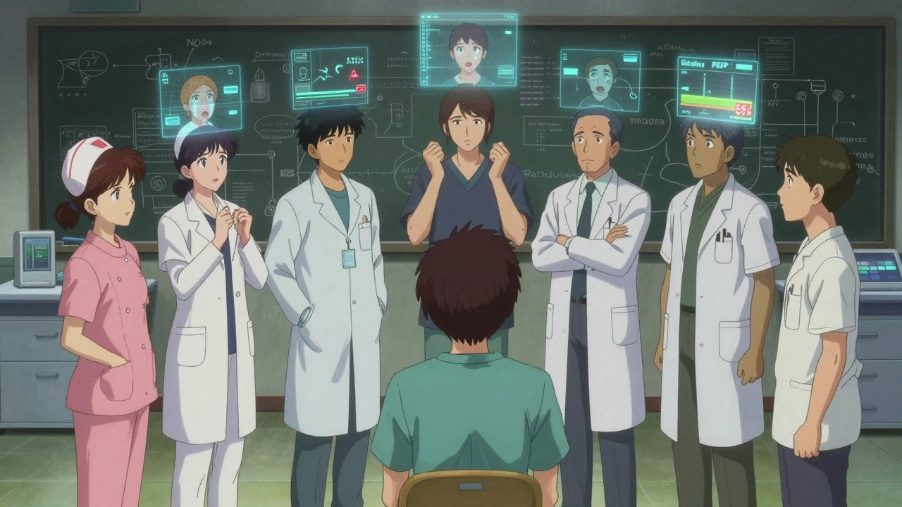 Healthcare team in training surrounded by holographic emotional cues and proficiency metrics.