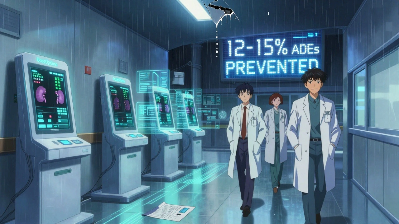 Hospital corridor with AI dosing projections and data streams glowing in the dark.