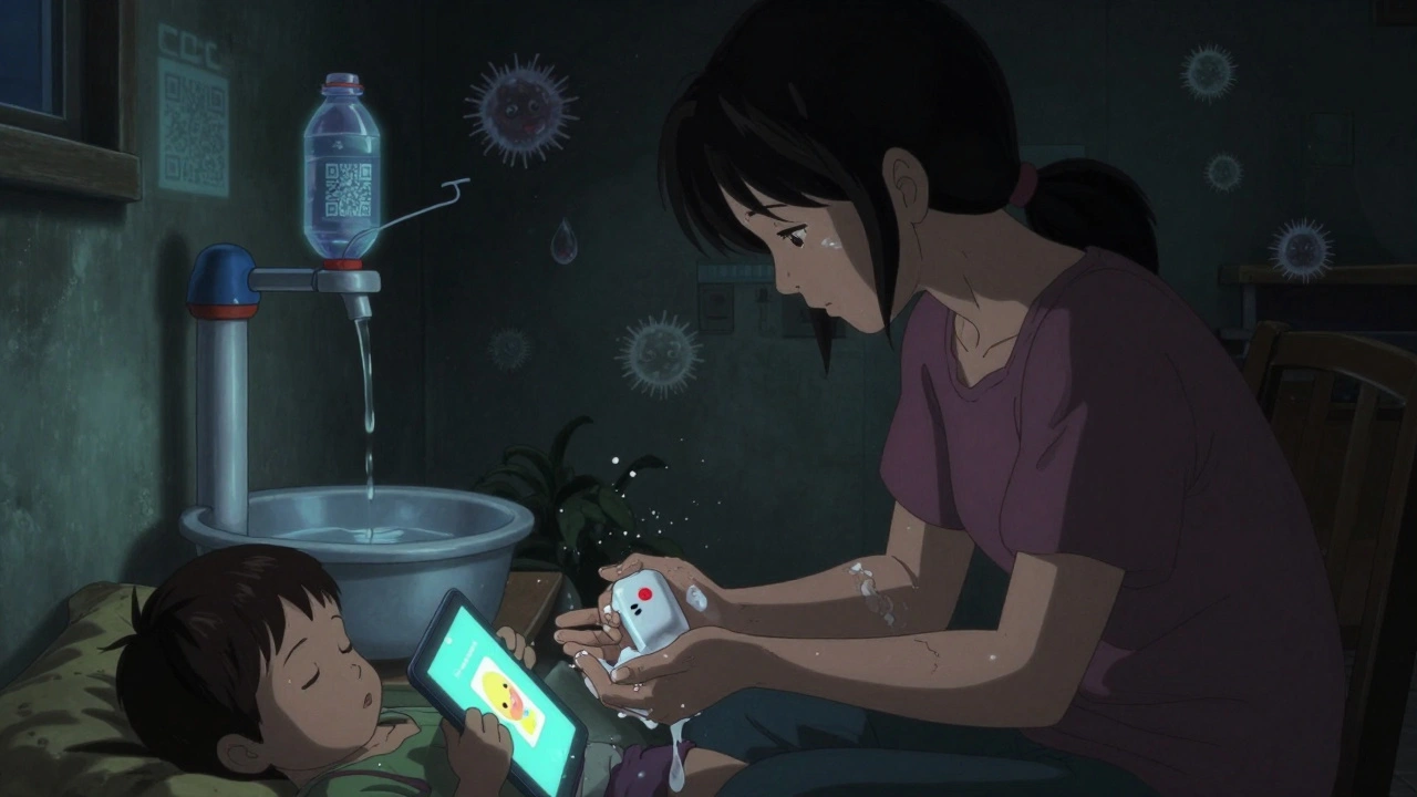 Mother moisturizing hands at night, toddler sleeping nearby, tippy tap system in background, holographic CDC code glowing.