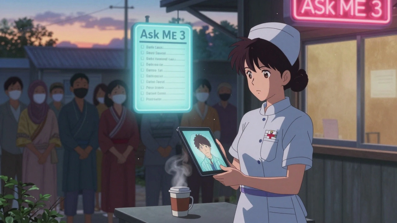 Nurse in rural clinic using tablet to interact with virtual patient under dawn light.