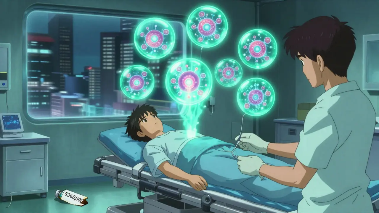 Patient in neon-lit chamber with holographic receptors dissolving, eight treatment orbs floating above