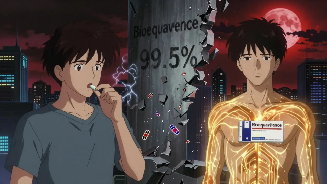Patient on generic medication versus brand, with contrasting energy fields and a crumbling bioequivalence wall.