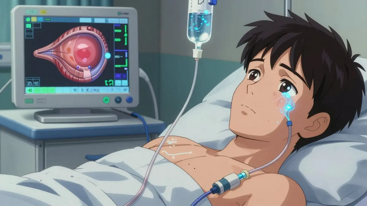 Patient receiving IV steroid infusion, glowing particles flowing toward inflamed eye muscles