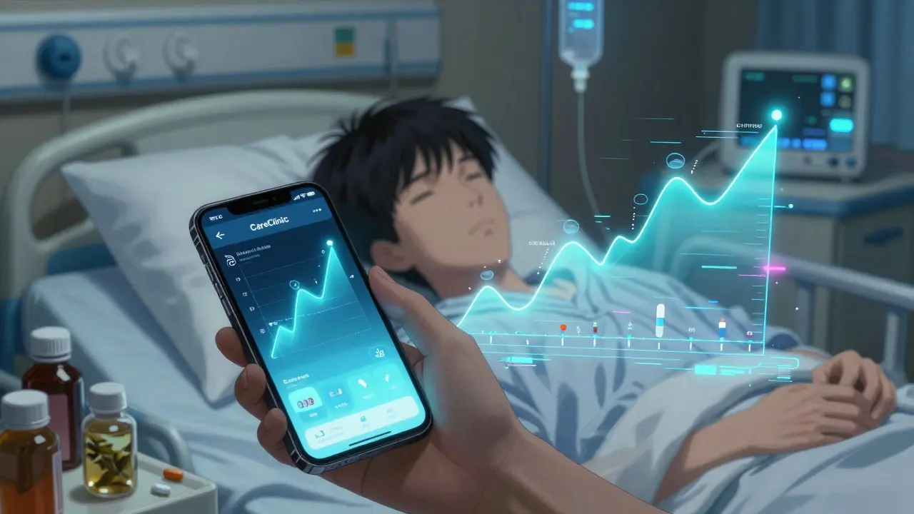 Person on hospital bed viewing a symptom graph app, with pill bottles and medical monitors in background.