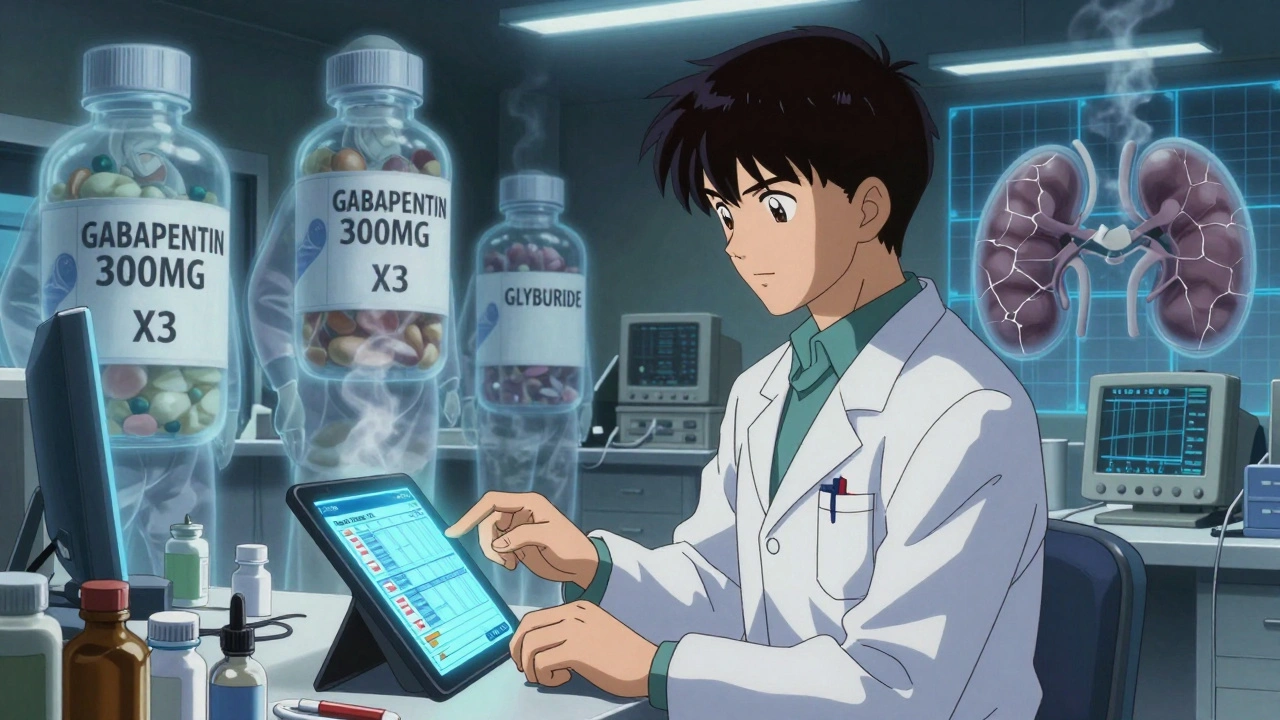 Pharmacist reviewing renal dosing alerts with ghostly oversized medication doses.