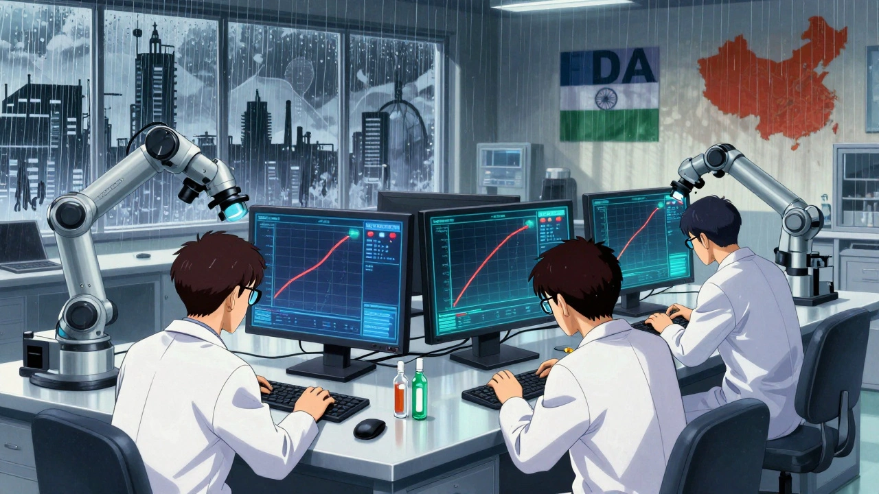 Scientists in a lab monitoring holographic drug absorption data with global factory shadows on the wall.