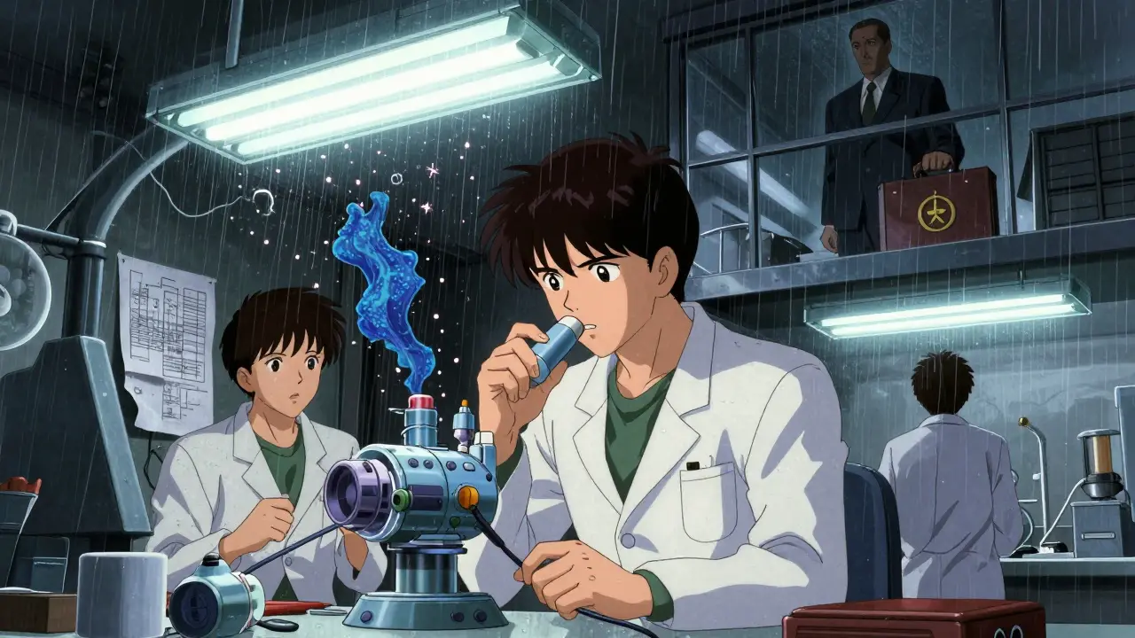 Scientists in a rain-drenched lab struggle to reverse-engineer a complex inhaler while a corporate figure watches from above.