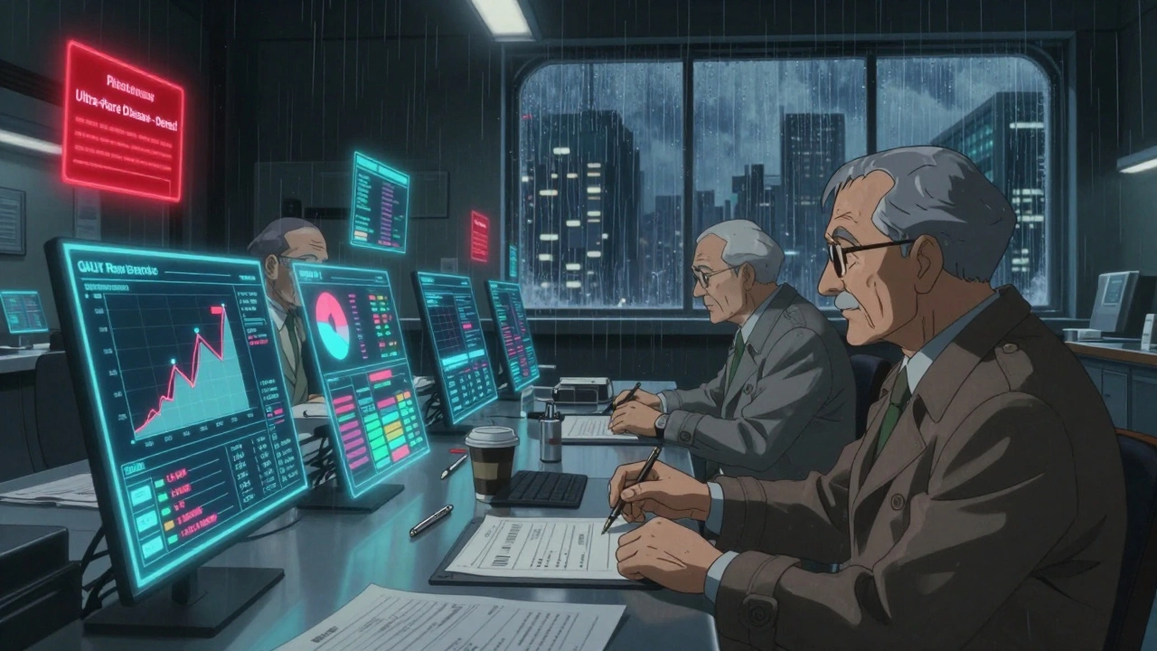 Scientists review drug data in a holographic PBAC chamber, a denied rare disease file glowing faintly.