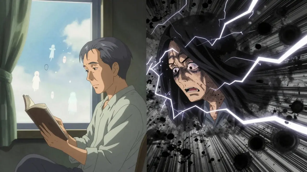 Split scene: calm floaters on one side, sudden dark curtain and flashes of retinal emergency on the other.