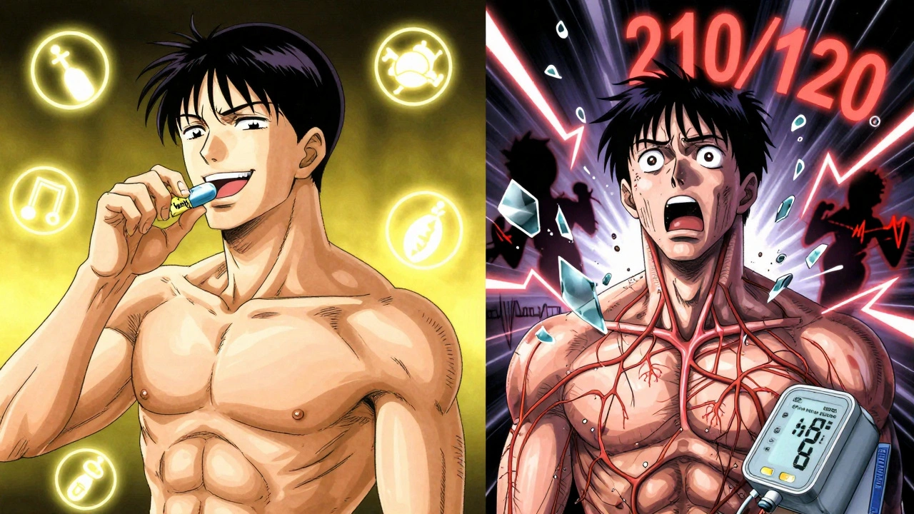 Split scene: man taking yohimbe happily vs. same man in medical crisis with exploding blood pressure reading.