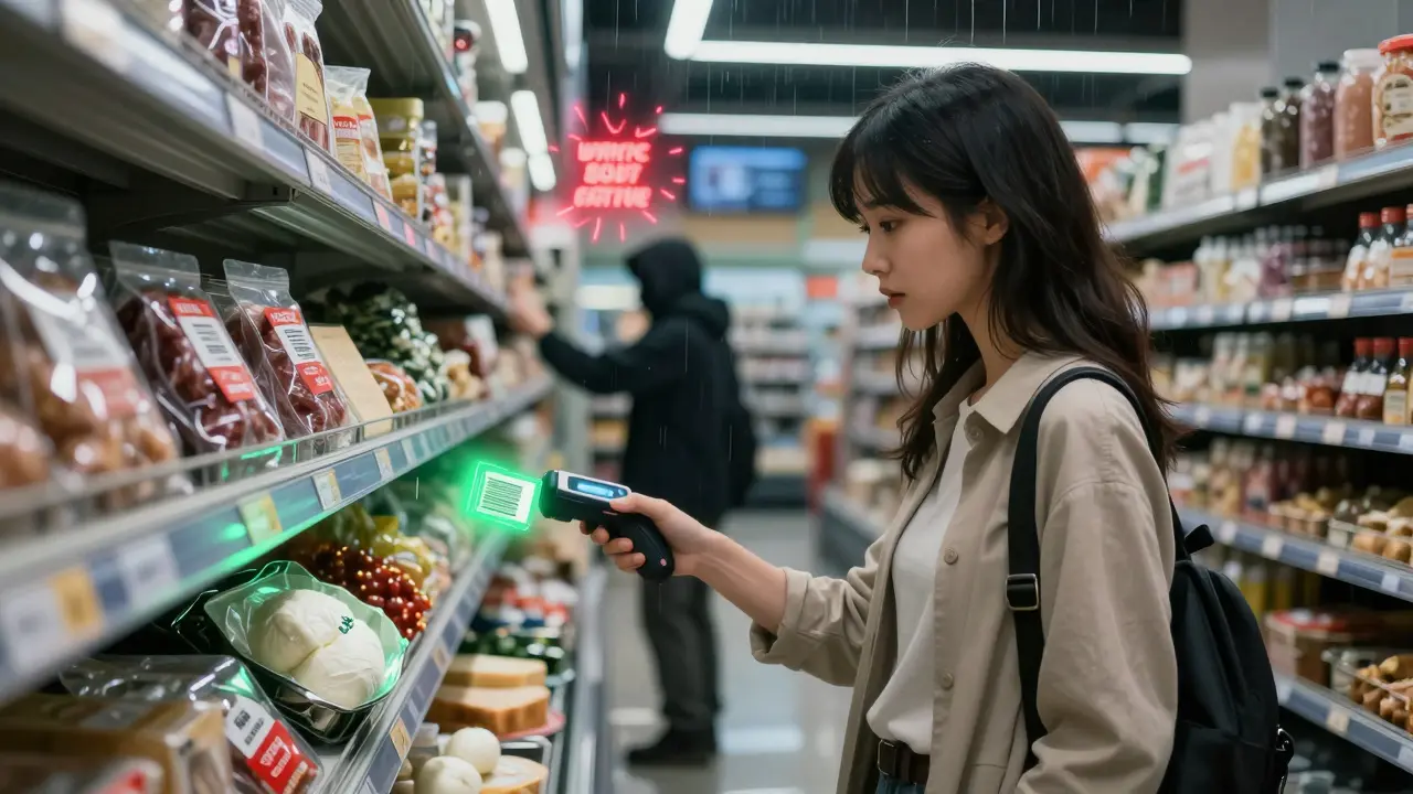 Woman scanning food barcode in futuristic grocery, fresh cheese green, aged cheese red, holographic warnings glowing in aisle.