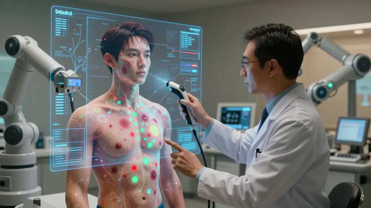 A dermatologist scanning a patient's body with a holographic AI skin map, lesions glowing in red and green.