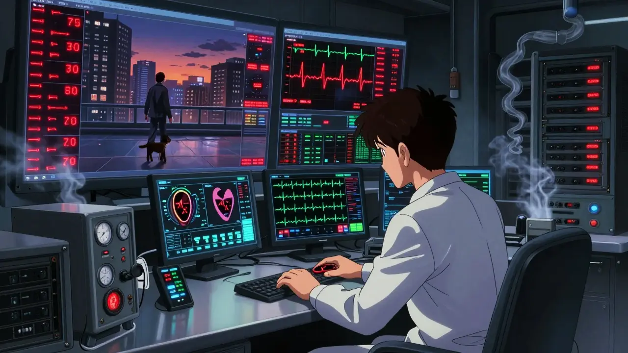 A hospital control room with glowing ECG alerts from wearable devices across the city.