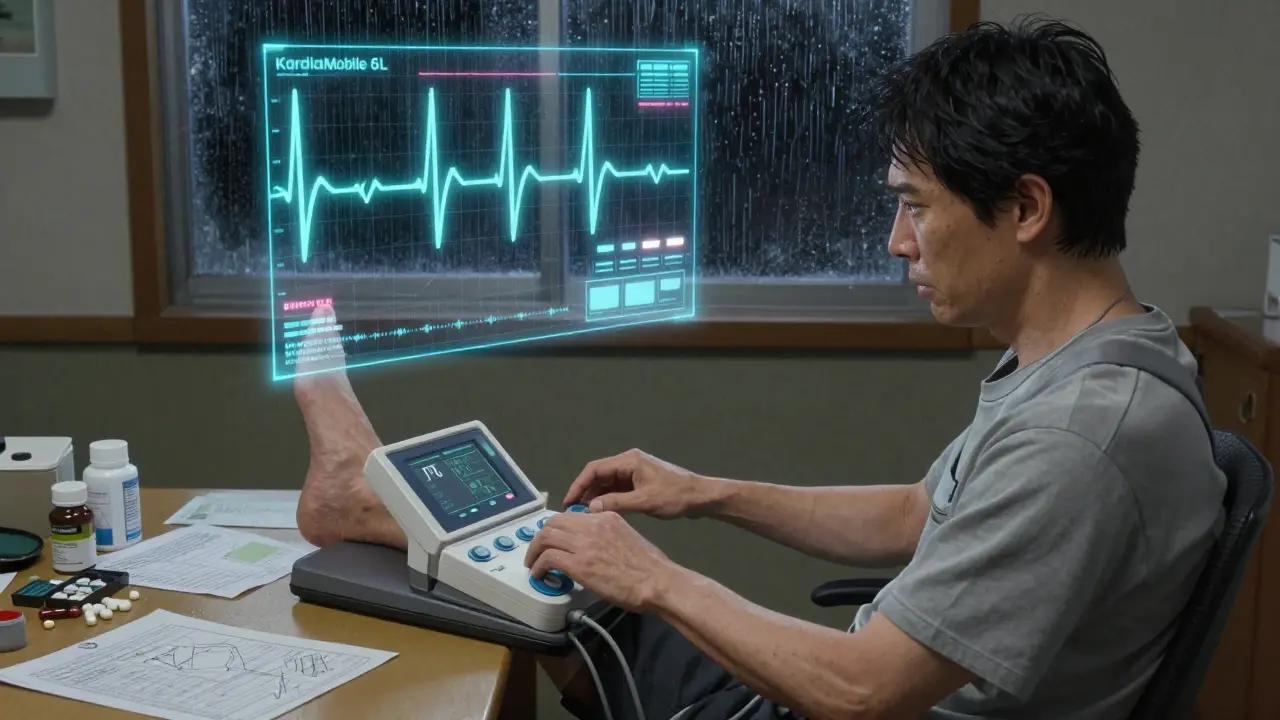 A man using a handheld KardiaMobile 6L device with a holographic QT waveform above him.