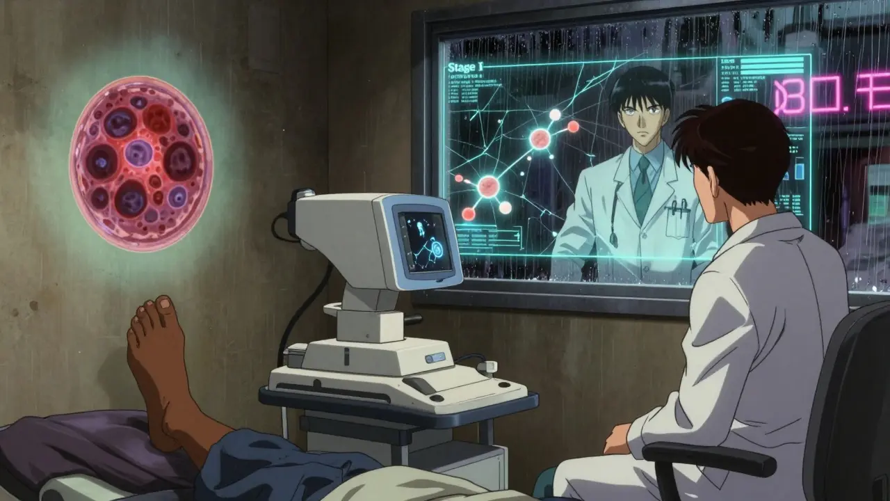 A patient's foot being scanned by AI dermoscopy in a clinic, with holographic tumor map and remote doctor view.