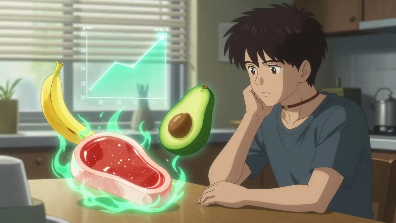 A patient at a table with floating food icons showing acidic meats versus alkaline fruits and a rising bicarbonate graph.