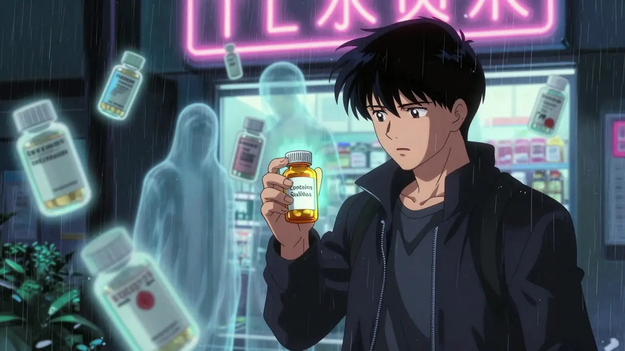 A patient holding a pill bottle with a glowing allergen label, ghostly medication figures floating behind them at night.