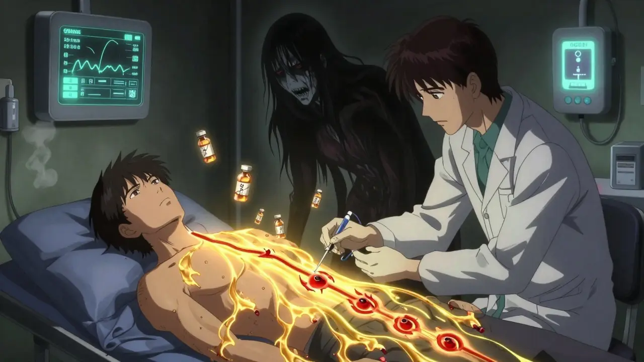 A patient undergoing insulin desensitization with glowing energy neutralizing immune reactions in a dim clinic.