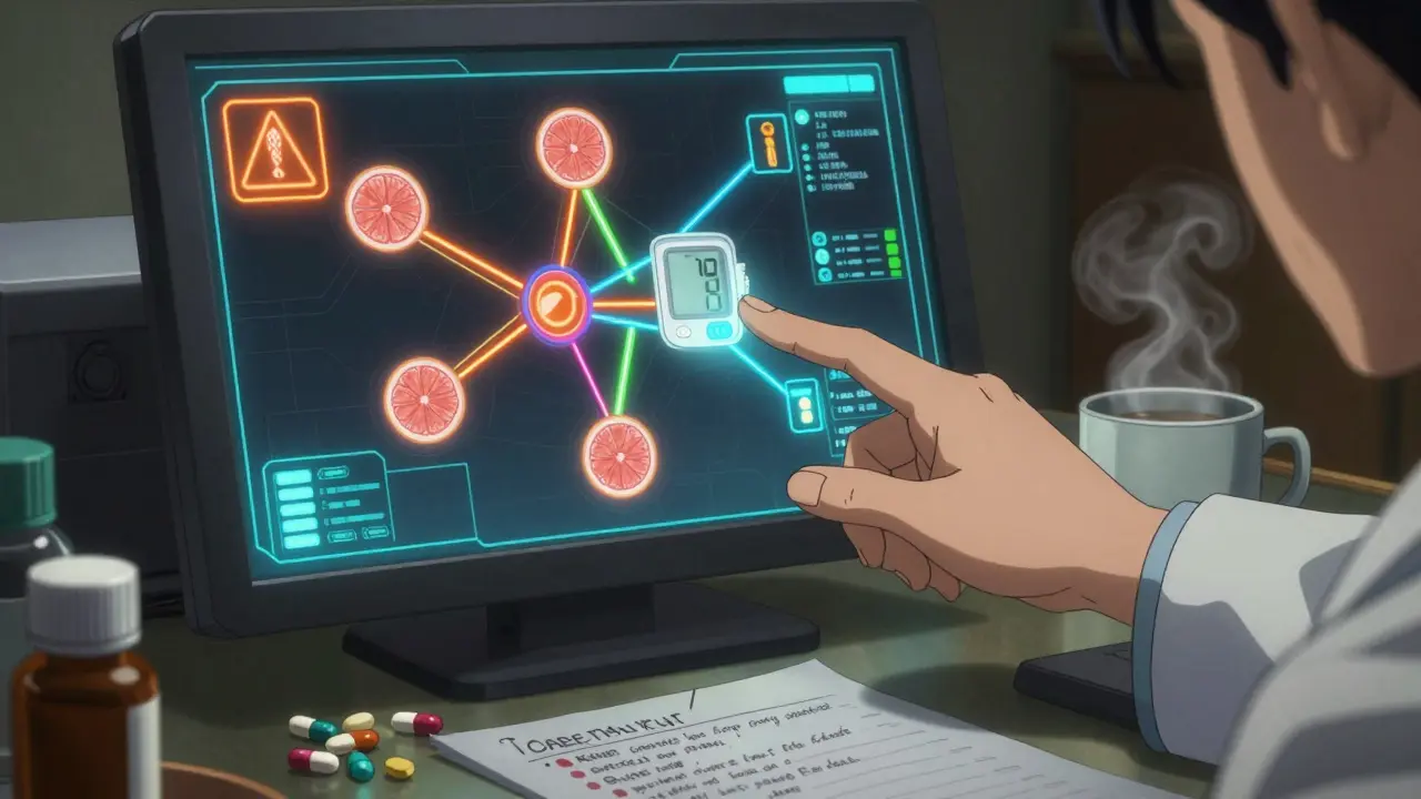 A pharmacist's hand pointing at a digital screen showing drug interaction warnings with colorful lines and symbols.