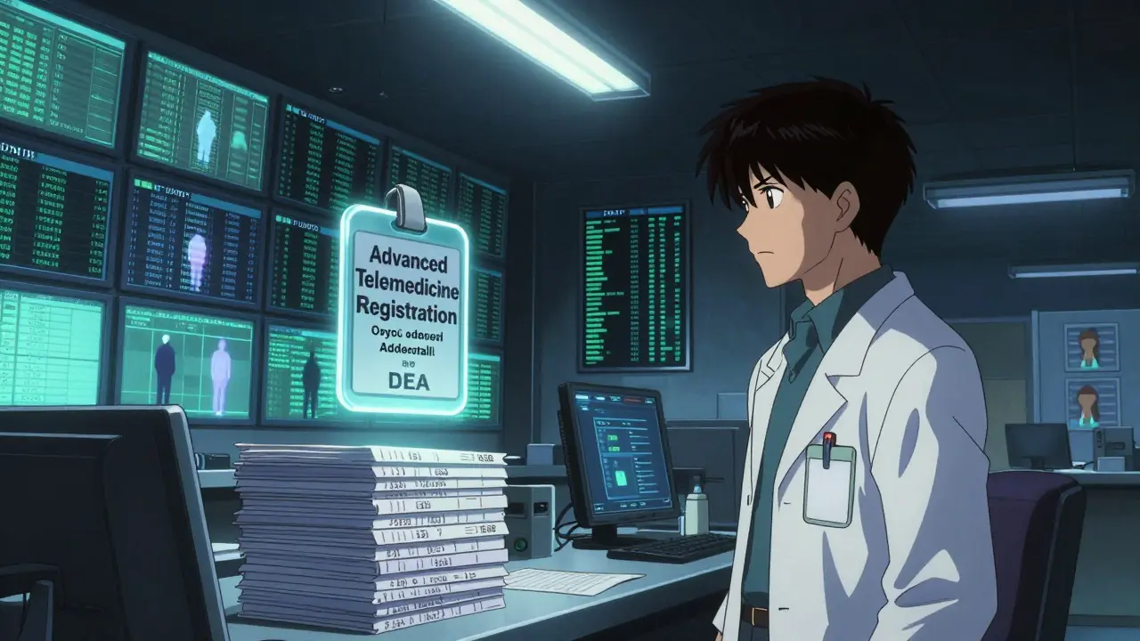 A pharmacist surrounded by fifty PDMP screens in a dim DEA office at night.