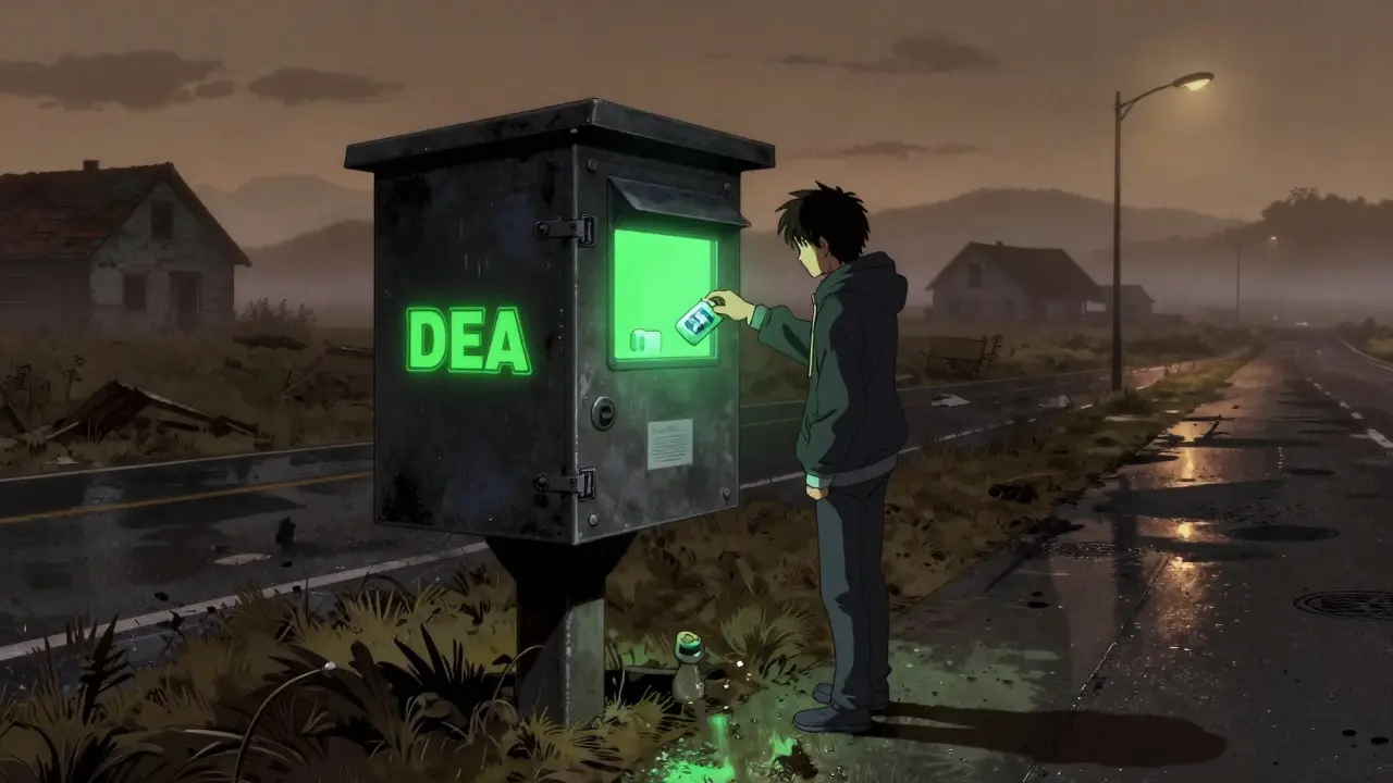 A rural drug take-back drop box glowing at dusk with a person depositing pills.