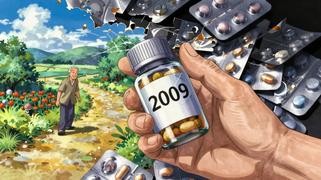 Aging hand holding an old pill bottle as a vibrant garden emerges from dissolving medication packs.