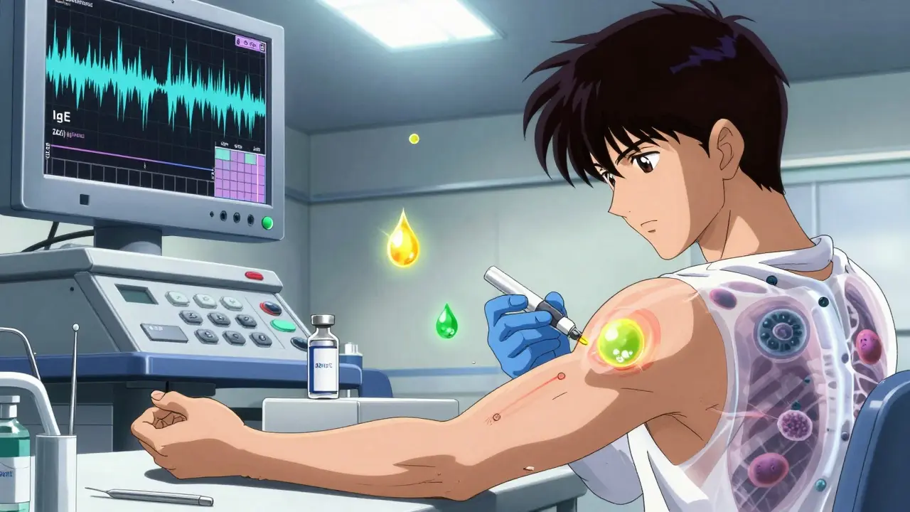 An allergist performing a skin test with floating insulin droplets emitting colored auras, medical equipment visible.