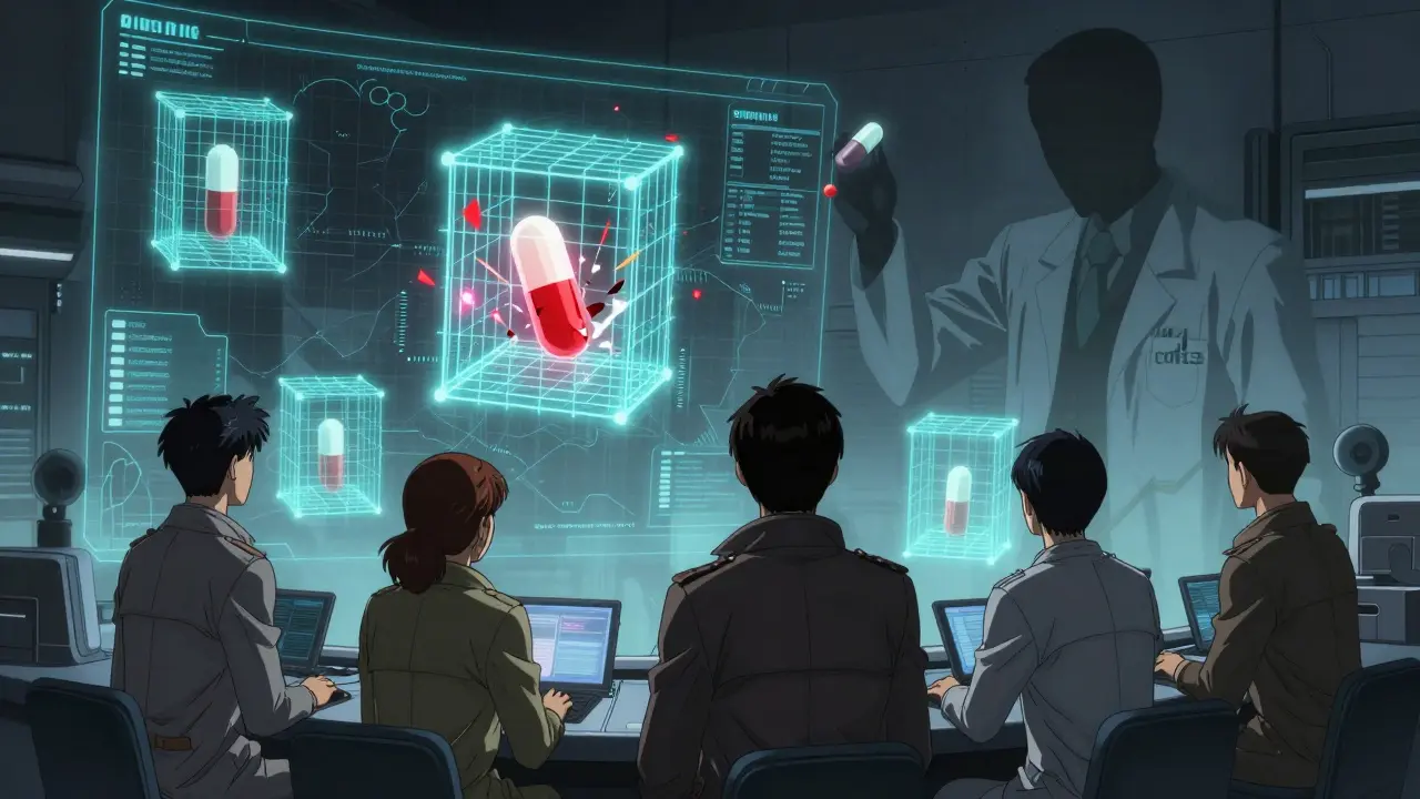 Analysts monitoring holographic drug patents in a war room, with an authorized generic capsule entering the system.