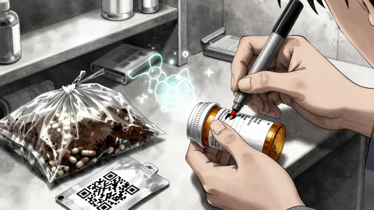 Caregiver marking out prescription labels on an empty pill bottle beside mixed trash.