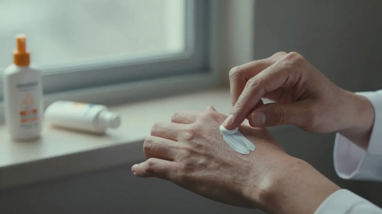 Close-up of mineral sunscreen being applied to skin, with zinc particles forming a protective layer, medical bottles in background.