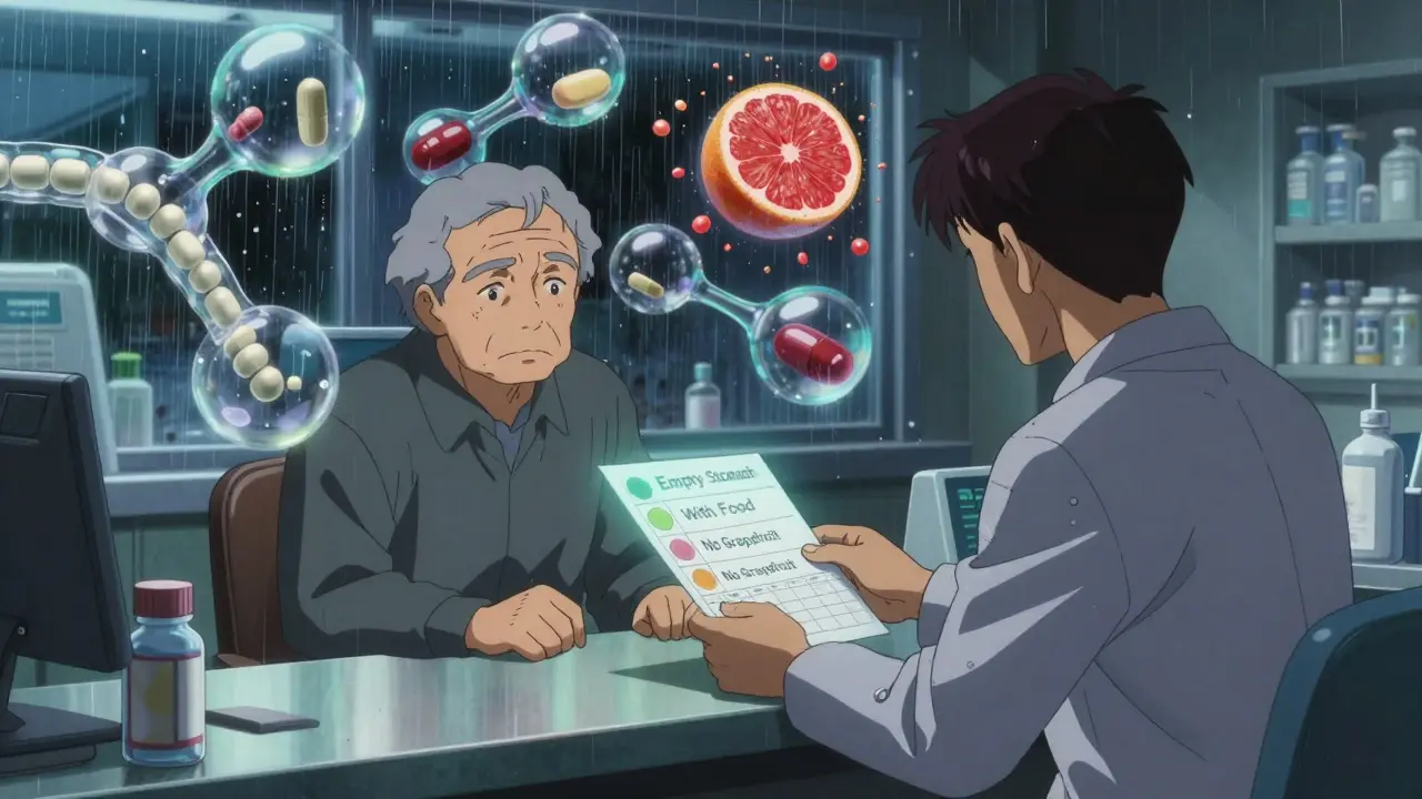 Elderly patient receives a color-coded medication schedule from a pharmacist at night in a glowing pharmacy.
