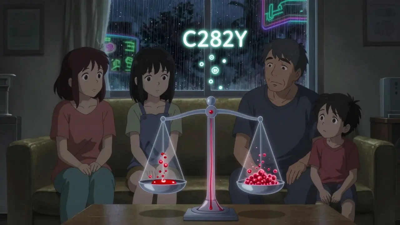 Family holding genetic test result with floating iron particles symbolizing hereditary risk.