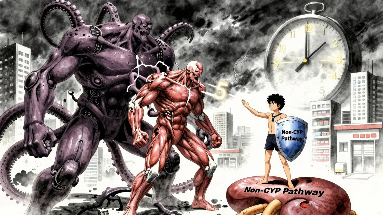 Giant battle between azole tentacles crushing statin figure, pravastatin hero defending on kidney platform, clock ticking.