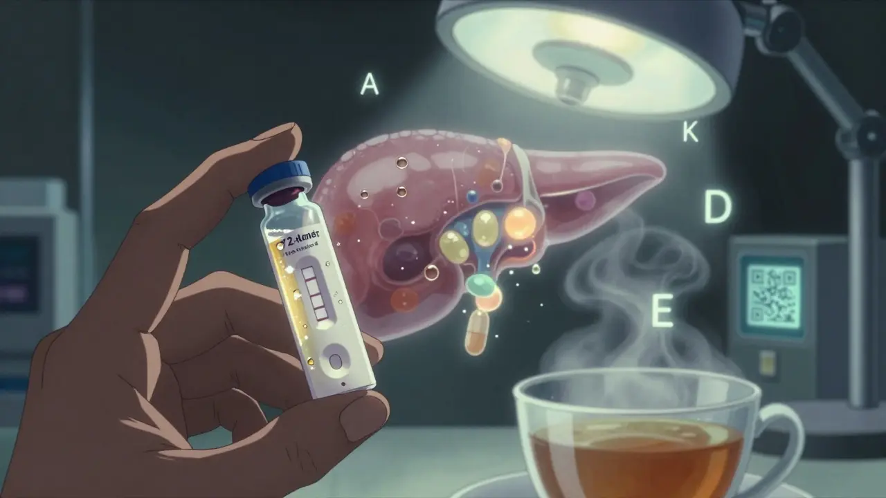 Hand holding fecal fat test vial with floating oil droplets and glowing enzyme capsules behind a translucent pancreas.