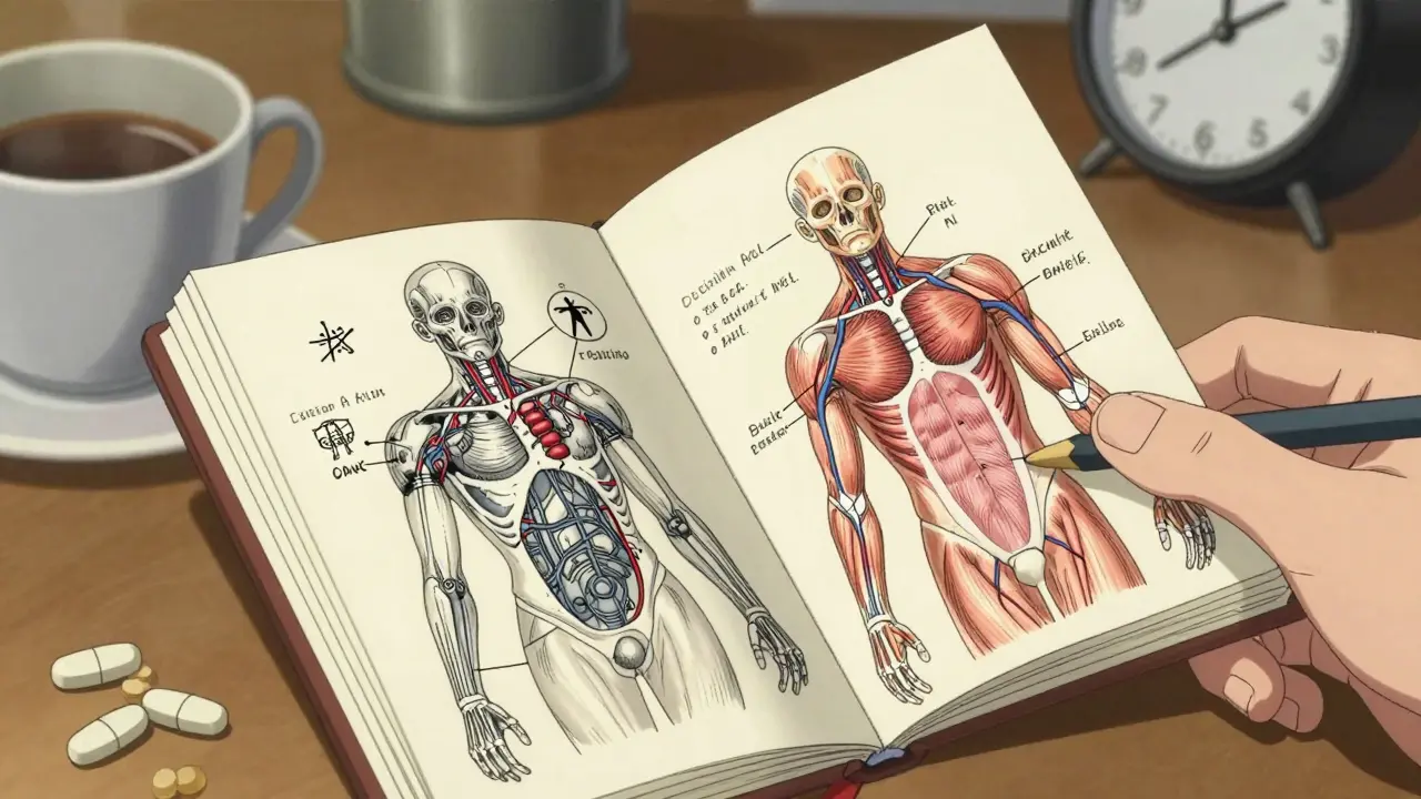 Hand-written decision aid booklet open on a kitchen table with detailed body illustrations and pills.