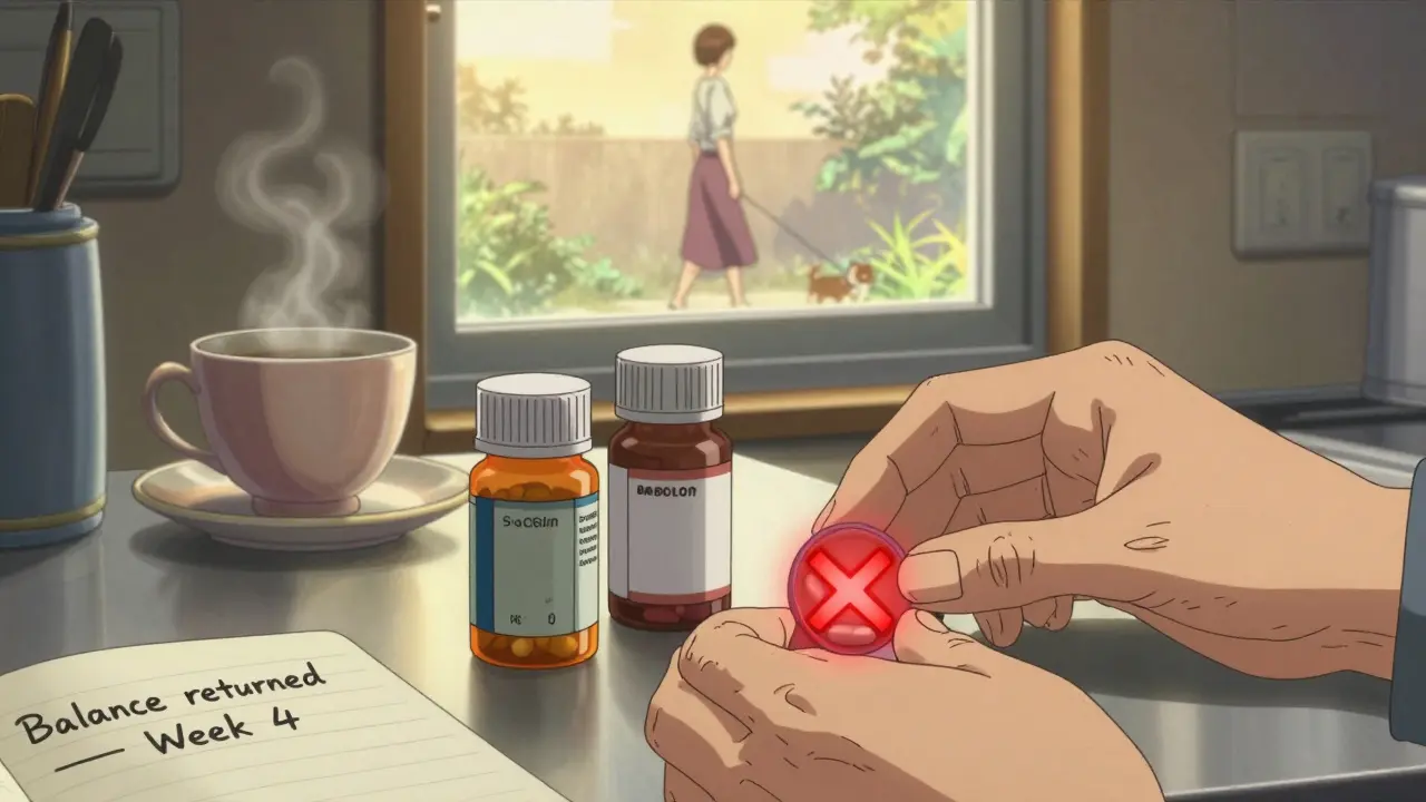 Hands placing pill bottles on counter, one marked with red X, woman walking dog outside in sunlight.