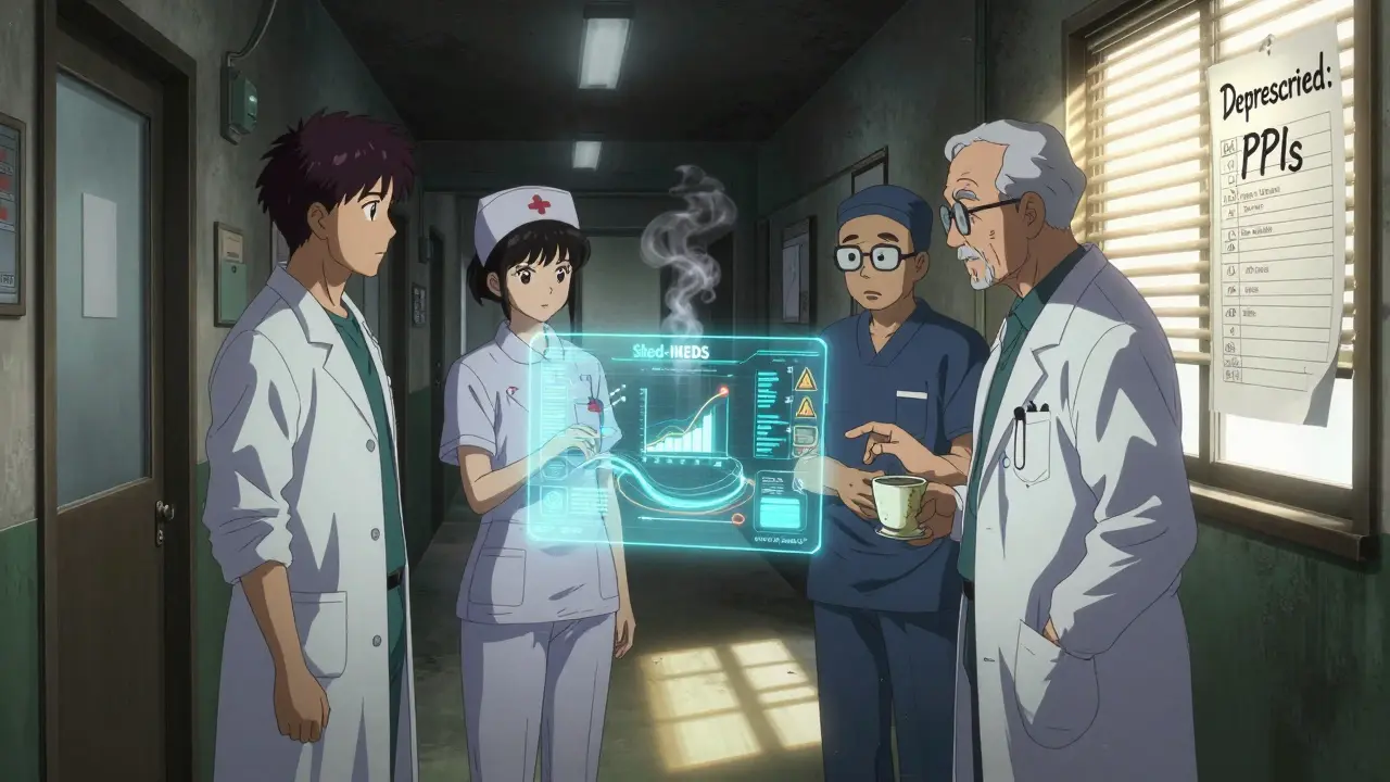 Healthcare team reviewing a holographic deprescribing framework in a dim clinic hallway with sunlit checklist.