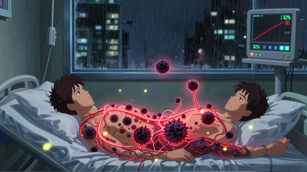 Immunotherapy nanobots glowing in a patient's bloodstream, fighting cancer cells in a surreal inner-body scene.