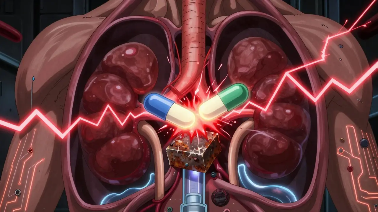 Inside the chest, cimetidine blocks kidney transport system with glowing drug molecules clashing.