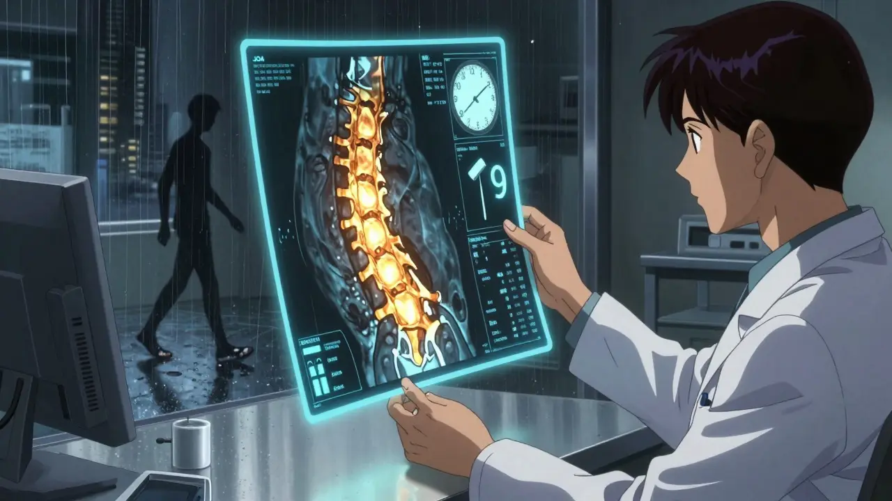 Neurologist viewing holographic MRI of compressed cervical spine with JOA score and clock ticking.