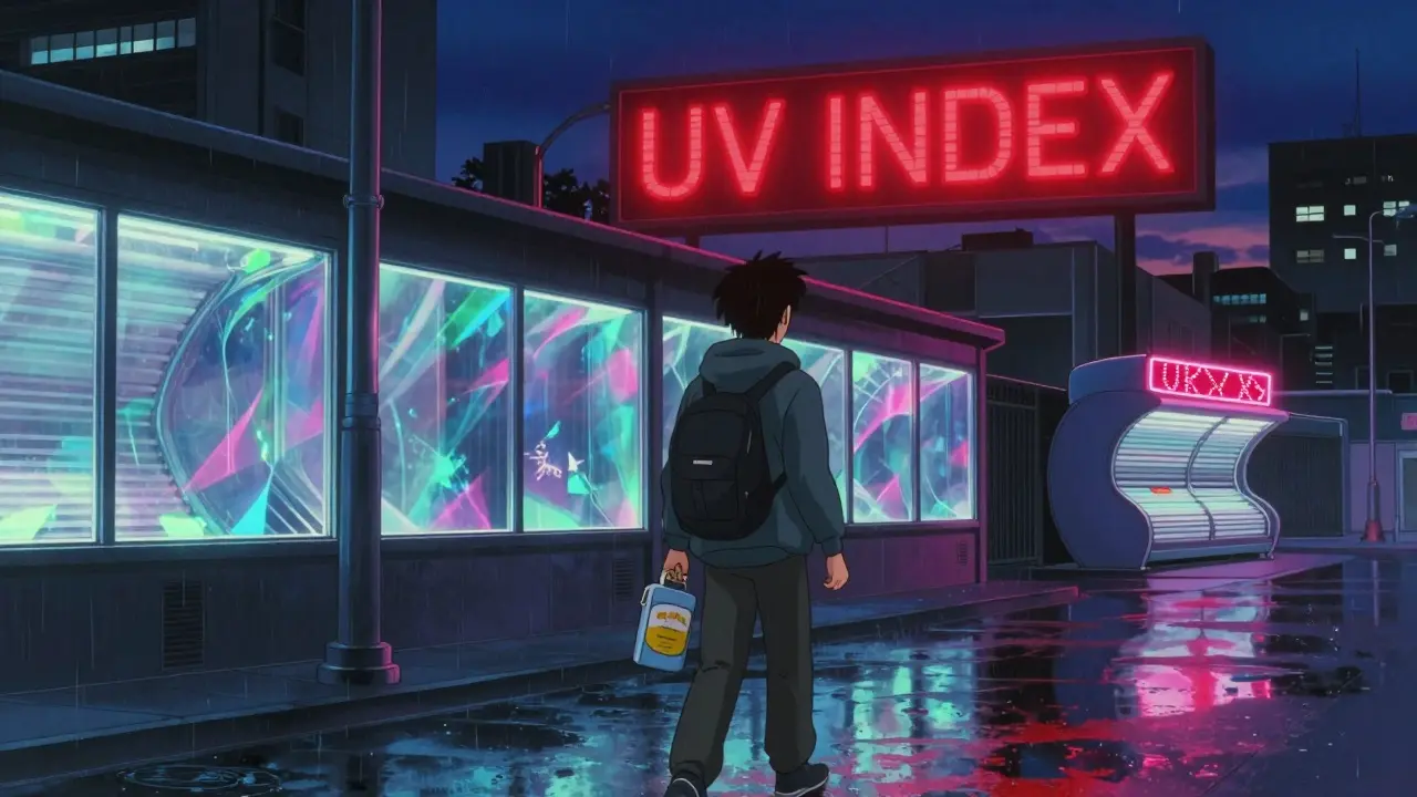 Nighttime walk in a city with UV-filtering windows glowing, person carrying sun protection gear under a red UV index glow.