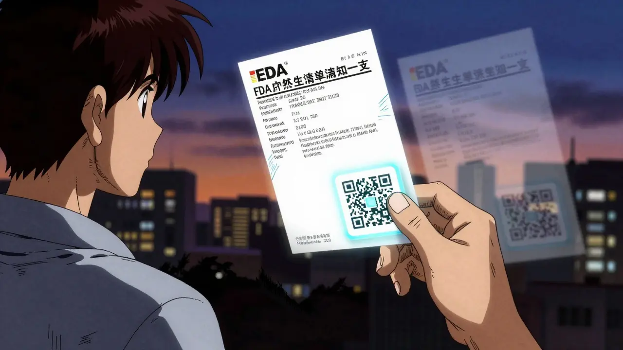 Patient scanning QR code to view updated FDA label, outdated version fading away.