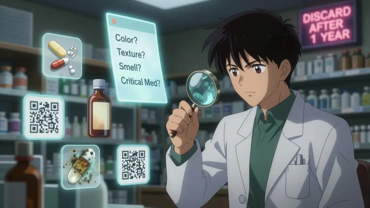 Pharmacist examining a pill bottle with floating icons of drug degradation, glowing checklist above.