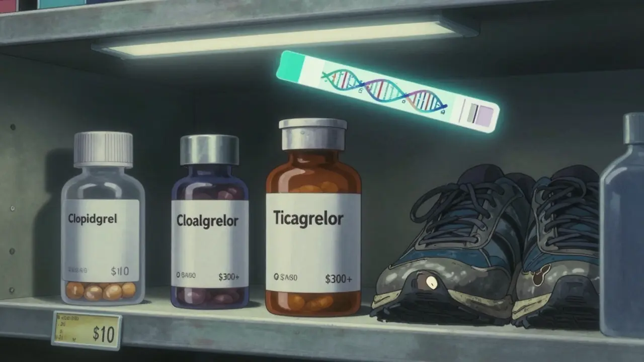 Pharmacy shelf with three antiplatelet drugs, genetic test hovering above, worn running shoes below.
