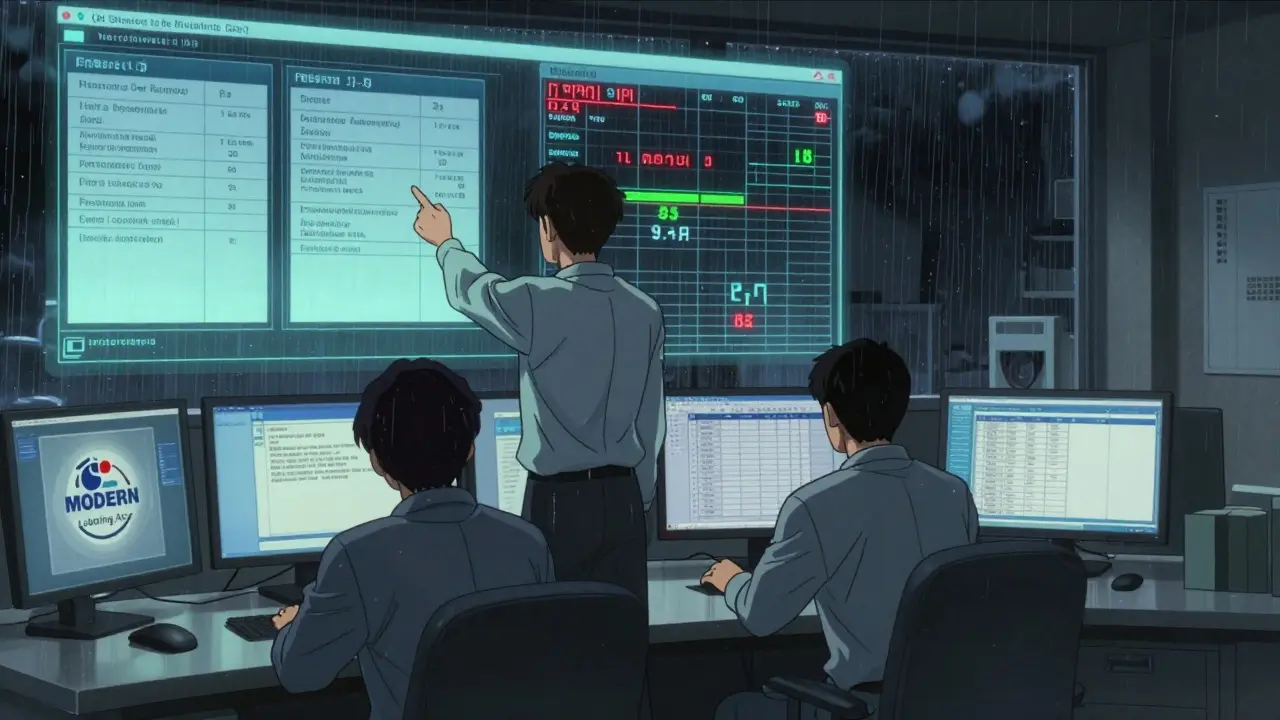 Regulatory team monitoring drug label updates via holograms in a dim control room.