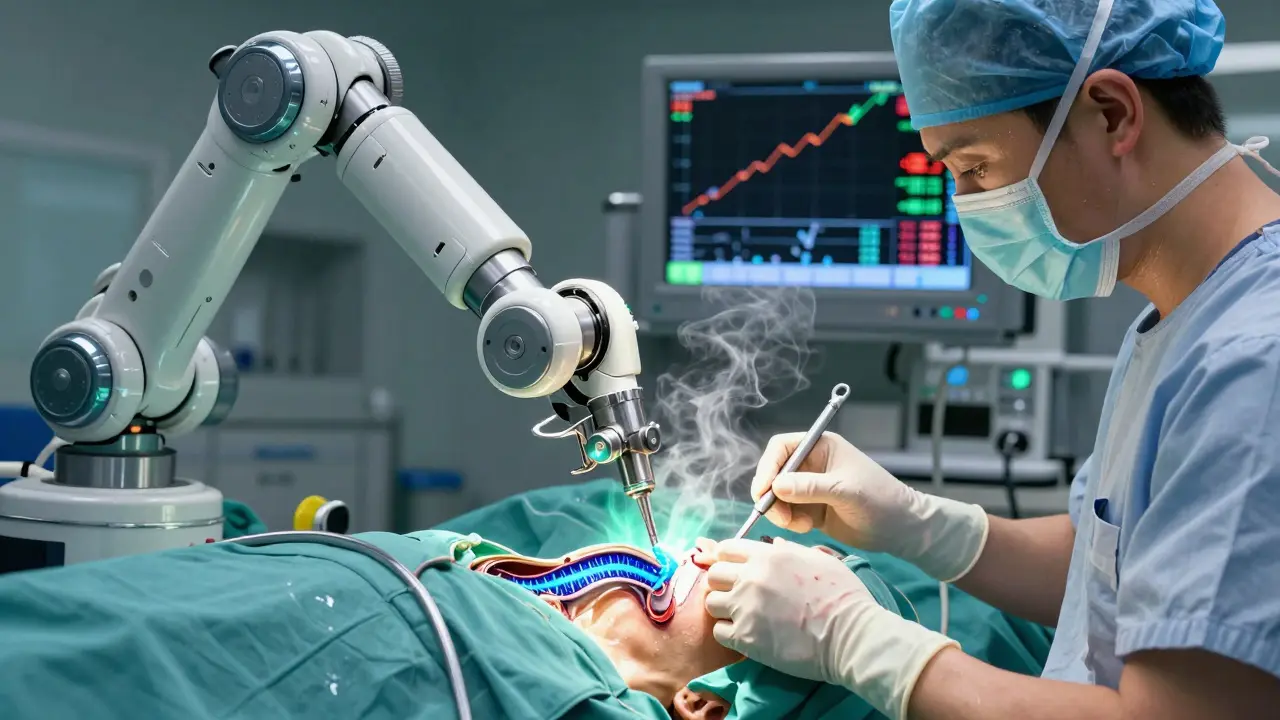 Robotic surgery opening spinal canal like a door, spinal cord glowing green, decompressed with energy shield.