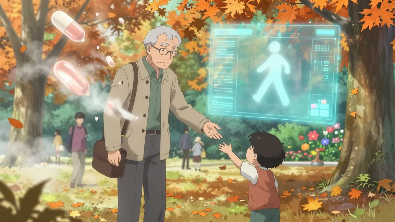 Senior man in park as pills dissolve into mist, reaching toward child's hand, garden and cane glowing behind.