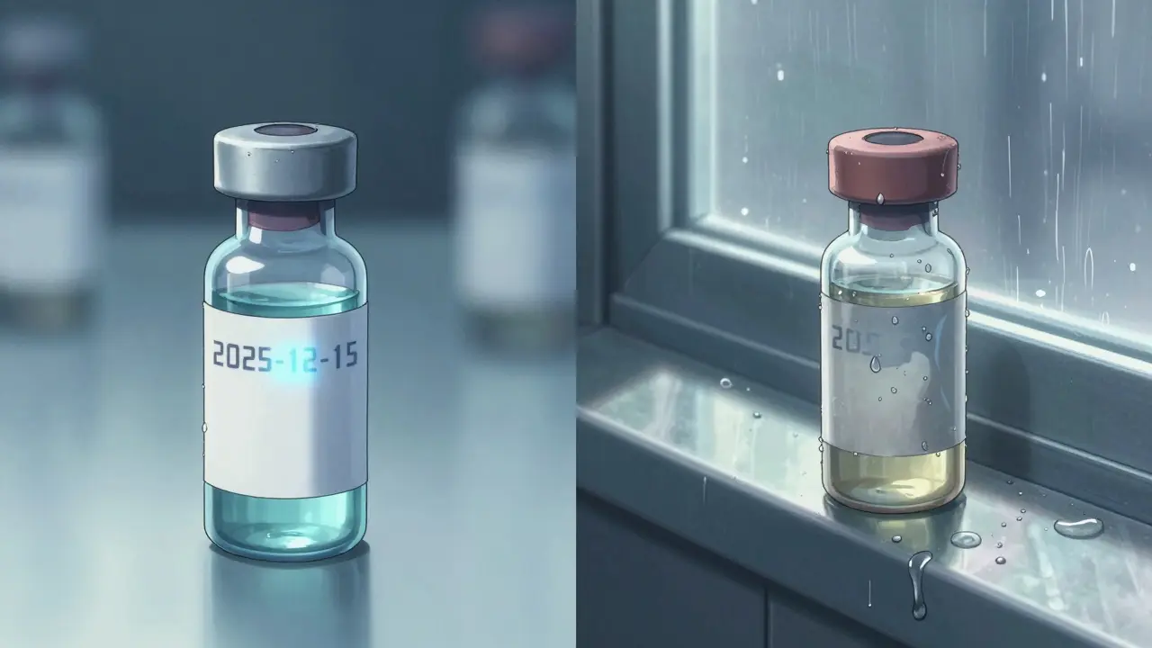 Side-by-side comparison of insulin vial stored properly in a lab versus degraded in a humid bathroom.